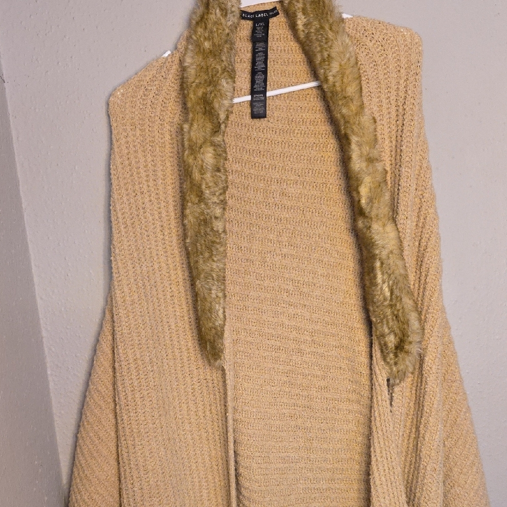 Chico’s Black Label Faux Fur Trim Open Cardigan – Camel Knit Wrap